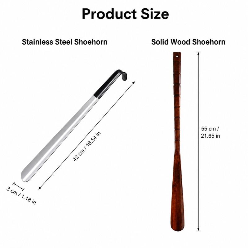 TEMU 2pcs Long Handle Shoehorn Set, 42cm 430 Stainless Steel Shoe Horn + 55cm Solid Wood Shoe Horn, Ergonomic No-bend Shoe Helper For Men Women