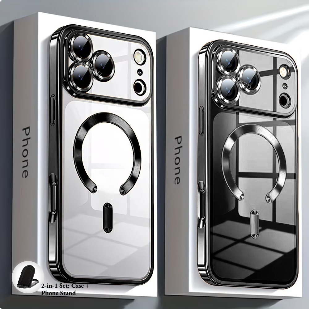 TEMU Phone Case - 2-in-1 Set: Case And Phone Stand Luxury Electroplated Transparent Magnetic Wireless Charging Phone Case, Compatible With Iphone 17