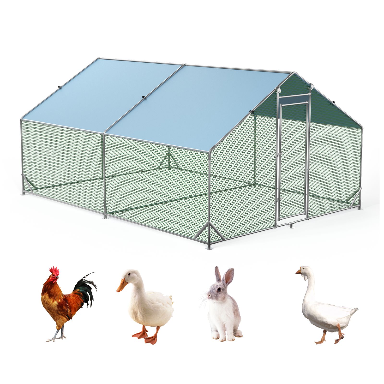 Image of 3×4×1.95m Outdoor Metal Chicken Coop, Galvanized Steel Walk-in Poultry Pen With Pointed Roof, Tri-support Structure Featuring Anti-uv Cover, Durable Poultry Cage For Backyard Farming