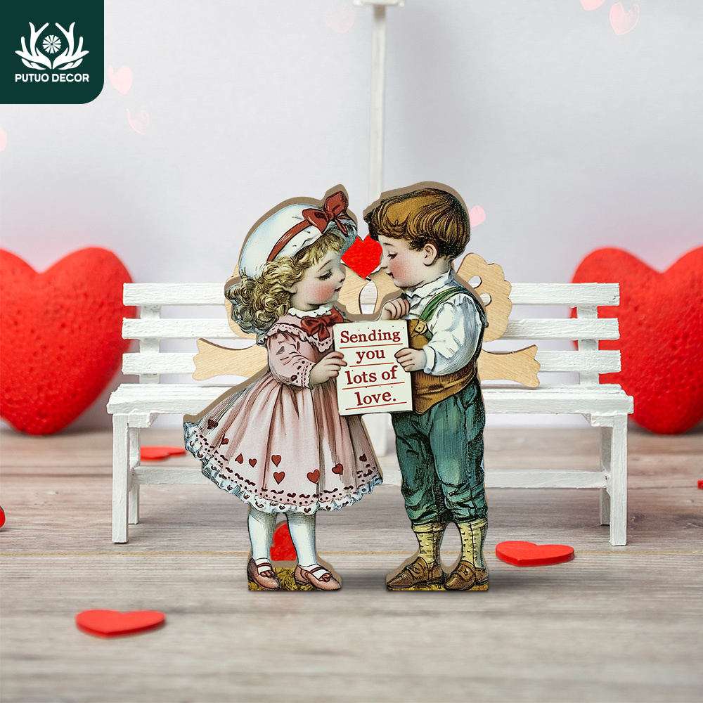 

1pc Putuo Decor Wooden Valentine's Day Tabletop Decor, "sending You " Romantic Couple Figurine, No Power Needed, Featherless, Ideal For Home & Farmhouse Dining Room Decor, Perfect Valentine's Gift