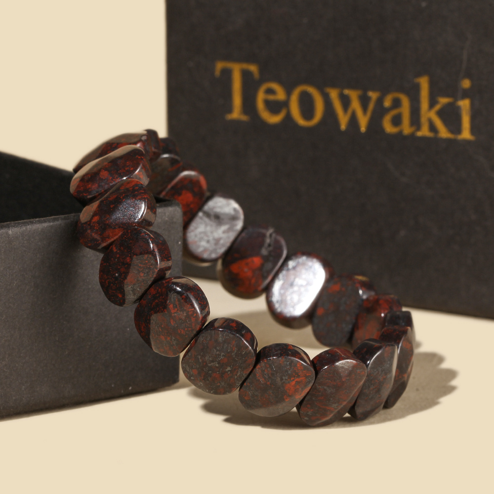 TEMU 1pc Bracelet de perles rectangulaire faceté en jasper rouge chinois, bracelet élastique à tendance pour , cadeau tendance pour d'anniversaire
