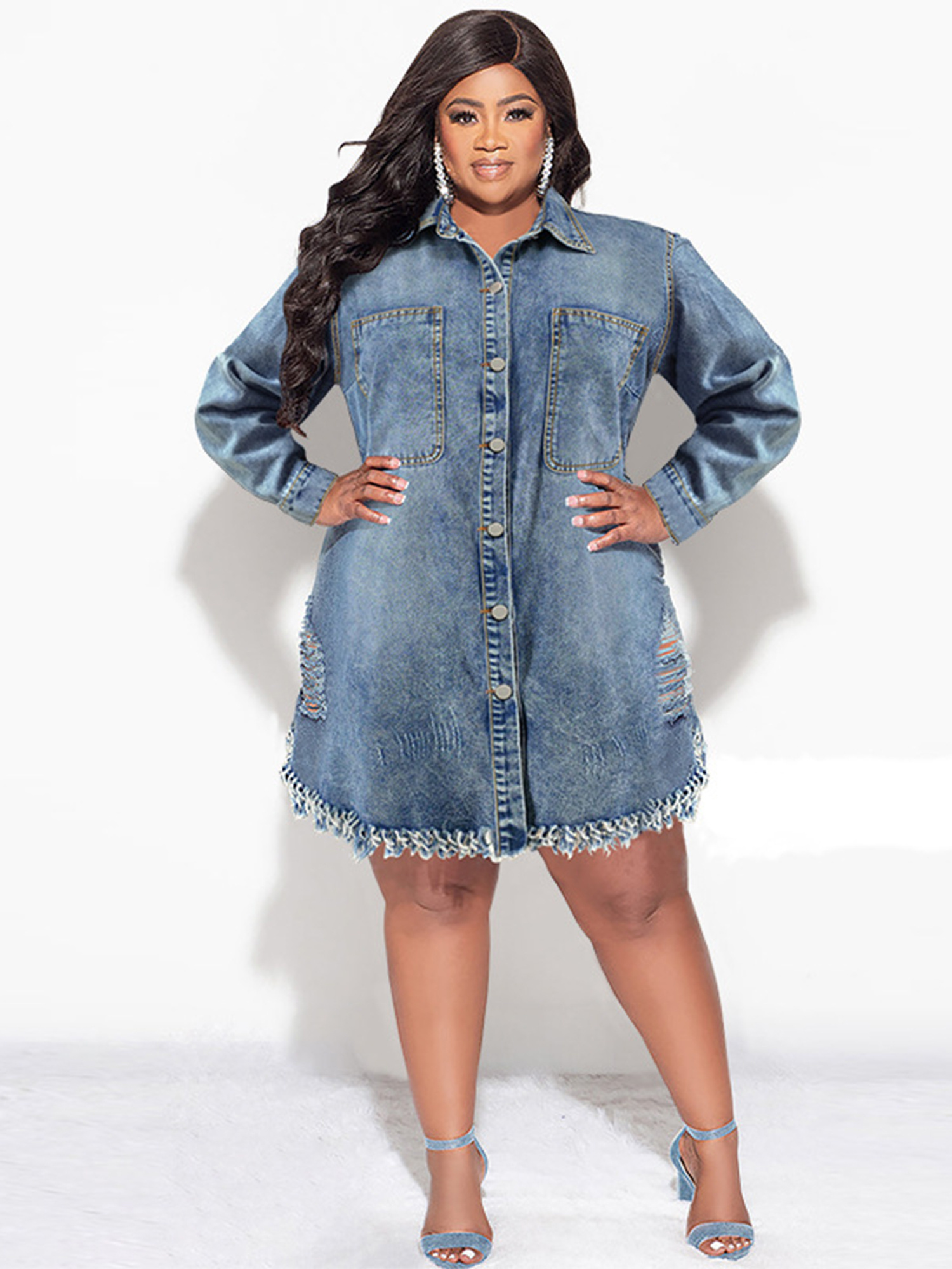 plus size, women's plus size oversized denim shirt dress long