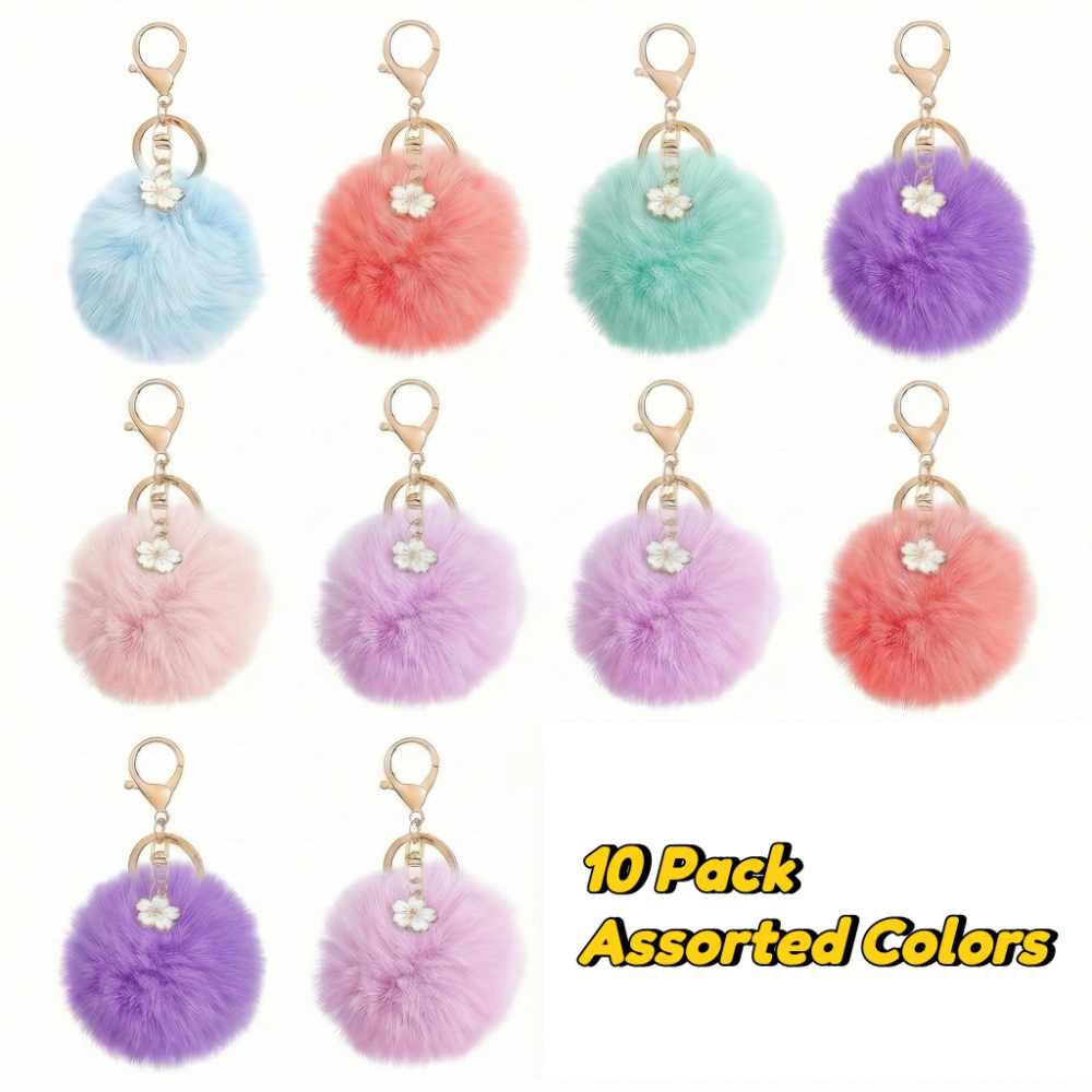 TEMU 10-pack Random Colors Flower Pom Pom Keychains, Aesthetic Boho Plush Bag Charms, Soft Faux Keyrings For