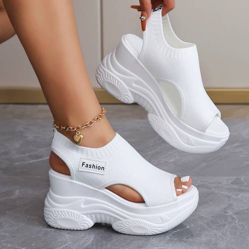 summer new thick sole wedge heel high heel womens sandals fashion versatile casual open toe womens sandals slip on elastic outdoor womens sandals high heels women shoes sandals