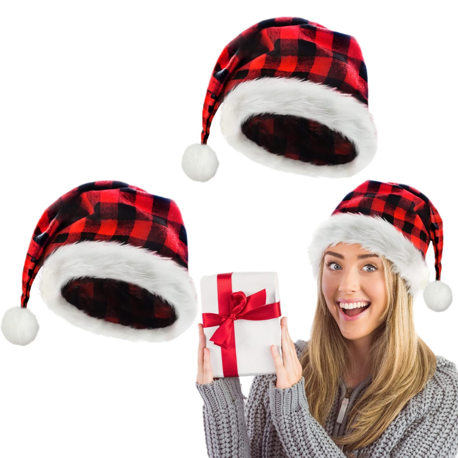 

Chic Checkered Christmas Hat With - , Non-stretch Polyester, Machine Washable - Holiday , Christmas Hat, Checkered, Long-haired, Double-layer, Christmas Decor