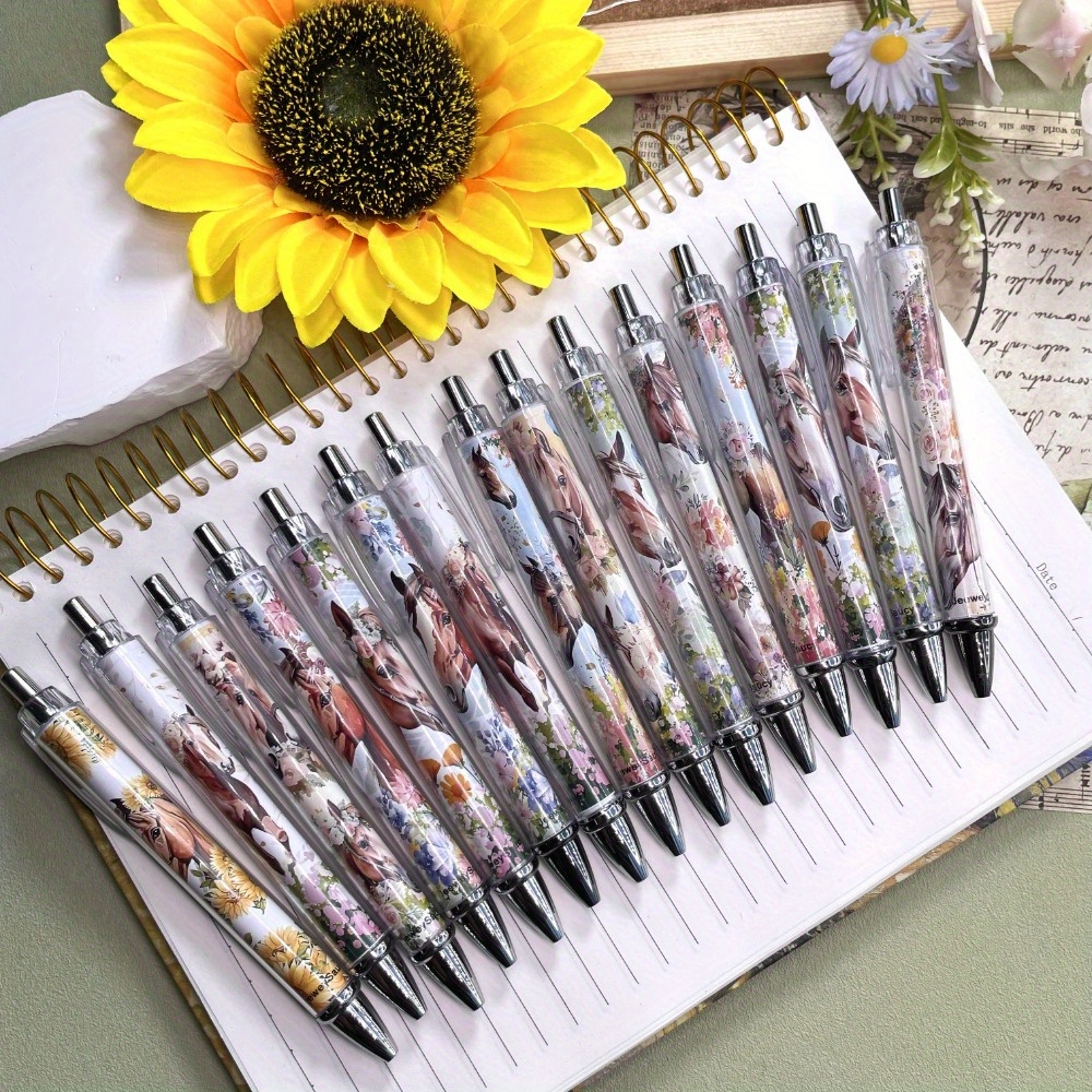 Image of 15pcs Creative Horse Stationery Ballpoint Pen Set, Black Ink Equestrian Lover Gift Pens - Ideal For Office Supplies