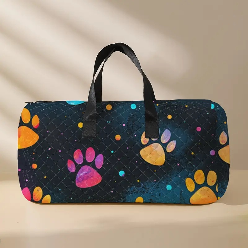 TEMU [large Capacity] Colorful Paw Print Travel Duffel Bag | 1pc | Polyester | Large Capacity, Diamond Grid Design | Travel, Overnight And Yoga |