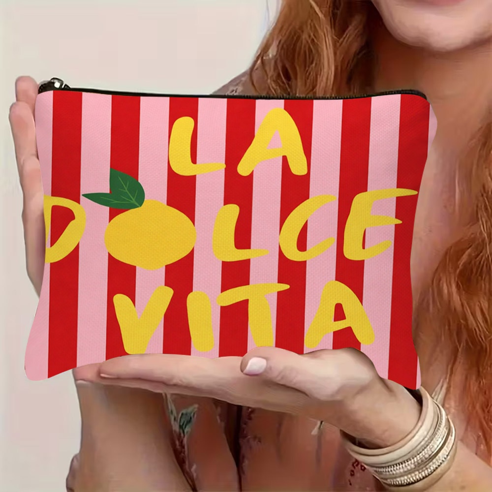TEMU 1pc 2d Pink Vertical Stripe Cosmetic Bag With Yellow Handwritten La Vita Letters & Lemon Pattern, Made Of Durable Polyester, Zipper Closure,