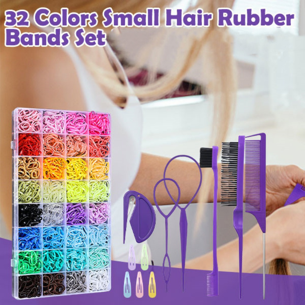 

32 Colors Small Hair Rubber Bands Set - Hair Ties With Non-woven Material, Synthetic Rubber, Hair Clips And Tail Tools For Normal Hair - Fashion Hair Accessories For Girls