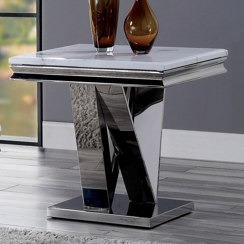 1pc End Table Modern Glam Style 18Mm Faux Marble on Top Rectangular V-Shape Pedestal Base Stainl Steel Metal Structure Chroma End Coffee Table-Not Included