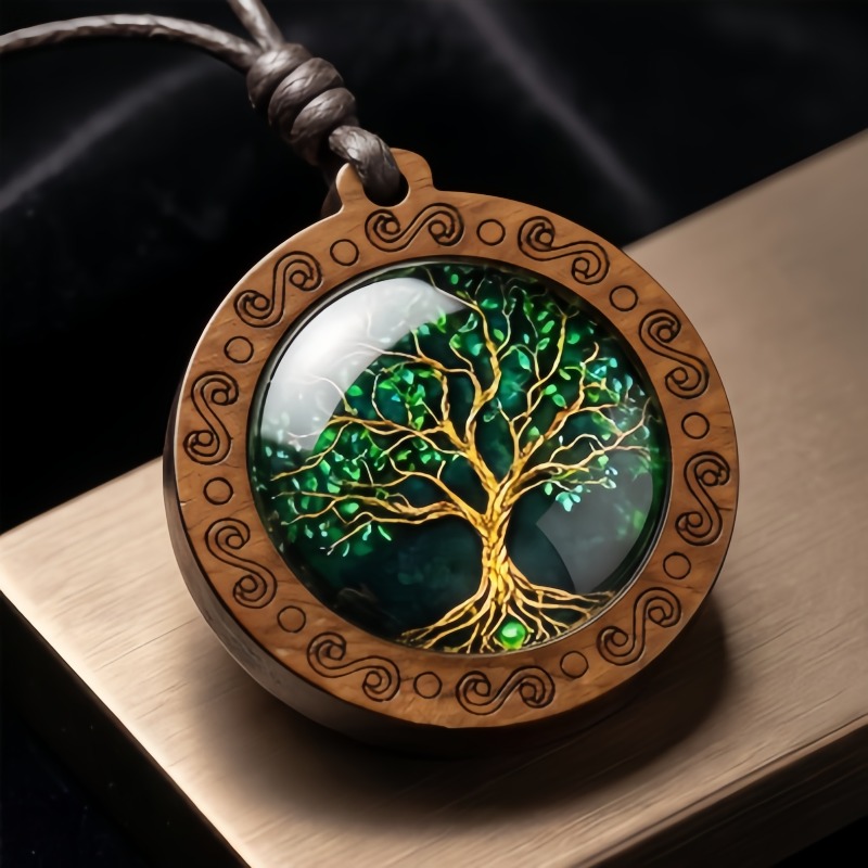 Image of Wood Tree Of Life Necklace With Carved Wood Pendant & Braided Wax Cord - Adjustable Suitable For And, Wood Bead Jewelry Gift For Christmas, Birthdays, Daily Wear - Unisex Accessory