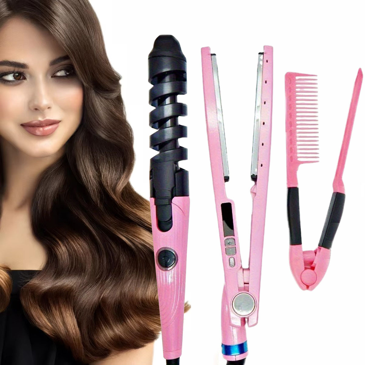 

3pcs Styling Set: Straightener, & V-shaped Comb - Multi-functional Tools For All Hair Types, 110v Plug-in, Gift