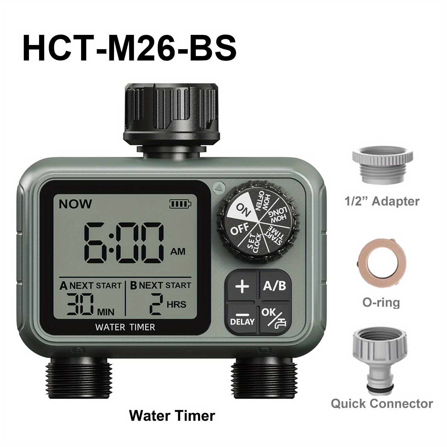 Eshico 2-output Timer Hct-m26 Intelligent Garden Irrigation Controller 2 Independent Programming Dial-buttons Operation Large-screen Information Display Ipx5