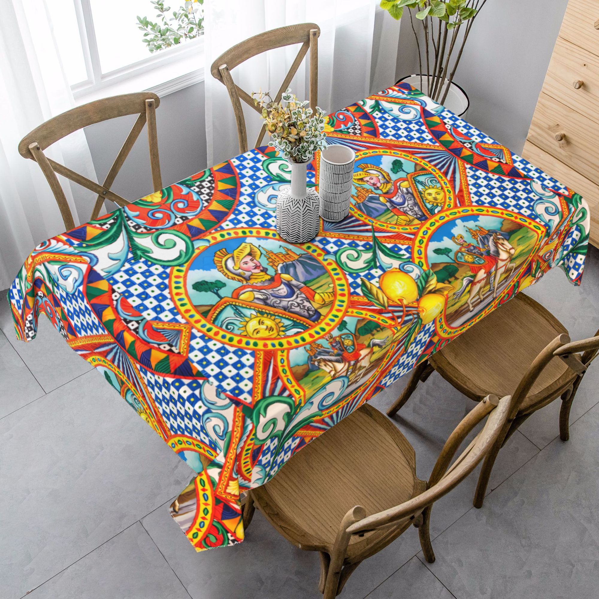 TEMU Tovaglia 1 pz - Vivace design siciliano con greca e motivi , tessuto lavabile, multicolore /blu////, adatta per uso interno/esterno, tovaglia