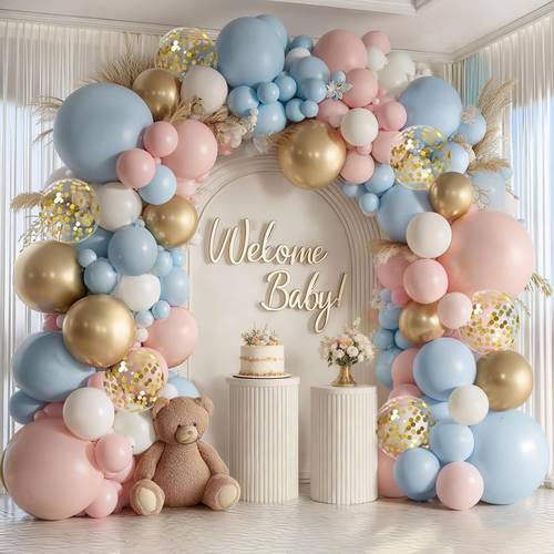 130pcs gender reveal theme balloon arch kit including marca blue marca pink matte white metallic golden and golden confetti balloons kit for family gathering anniversary birthday shower wedding celebrations party decoration