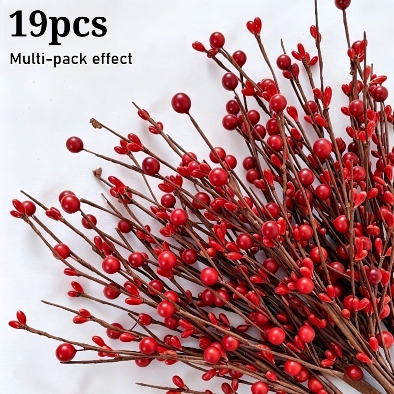TEMU 19pcs Thanksgiving Christmas Artificial Red Solid Berry Flower Stems, Autumn Winter Christmas Artificial Flower Decor, Hand-twisted Stems,