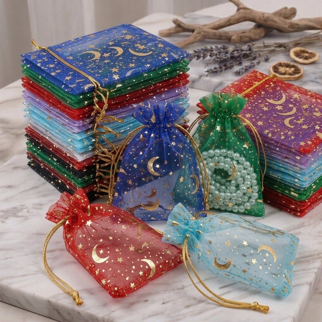 TEMU 102pcs Star Moon Organza Gift Bags, Sheer Drawstring Pouches, Lightweight Favor Wrap For Jewelry Candy Small Gifts Wedding Party Boutique Craft