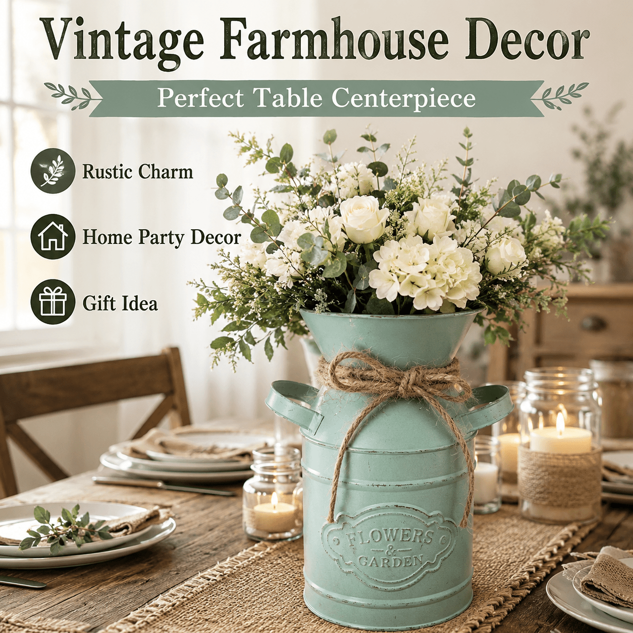 TEMU Vintage Metal Flower Vase With Rope Farmhouse Rustic Decorative Vase For Home Table Centerpiece, Wedding Party Decor Vintage Vase Metal Flower