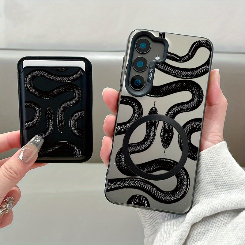 TEMU Phone Case - 2pcs Set Creative Black Snake Pattern Magnetic Phone Case And Fashionable Luxury Artificial Leather Magnetic Property