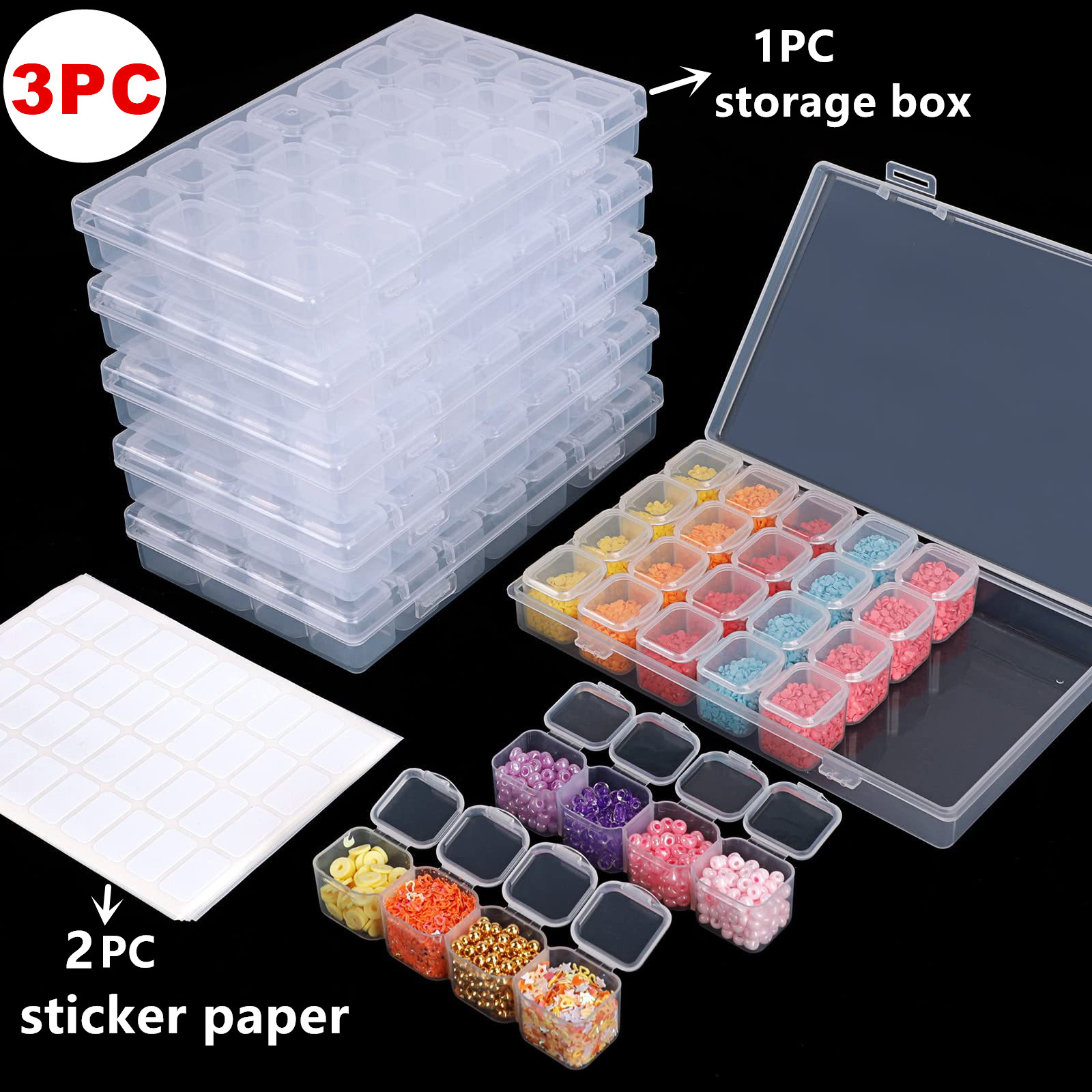 TEMU 3pcs (1pc Storage Box And 2pcs Sticker Paper) 28-grid Diamond Painting Storage Boxes Bead Storage Containers Clear Case Container For Charms