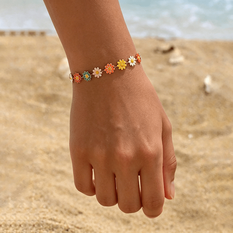 1pc Summer Style Colorful Daisy Chain Anklet Seaside Vacation Pastoral Dopamine Colorful Anklet, Women's Fashion Bracelet, Alloy Material, Summer Seaside Vacation, Summer Bracelet