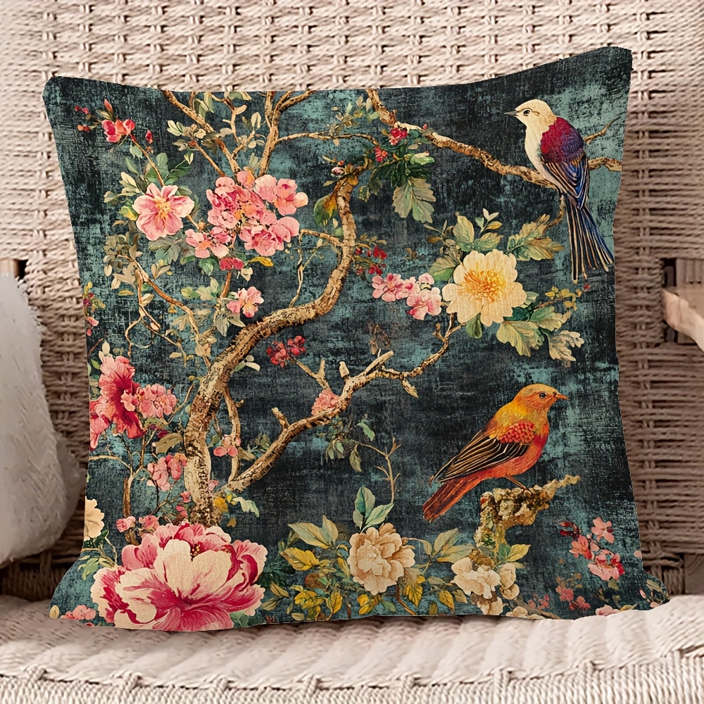 TEMU 1pc 18x18 Inch Elegant Chinese Style Floral Print Decorative Pillowcase, Double-sided Design, Bright And Birds On Branches, Dark Background,