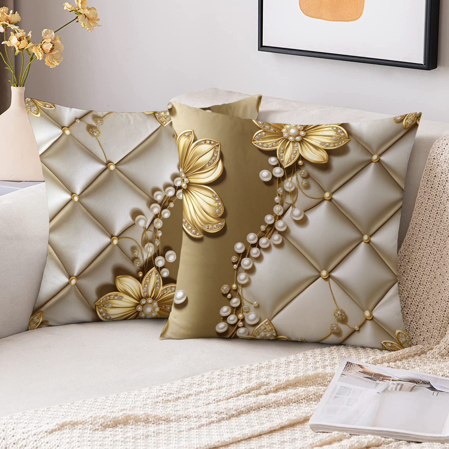 

2pcs Modern Golden & Apricot Floral Pearl Diamond Throw Pillow Covers, 18x18 Inch - Soft, Double-sided Print For Living Room & Bedroom Decor, Zip Closure, Machine Washable