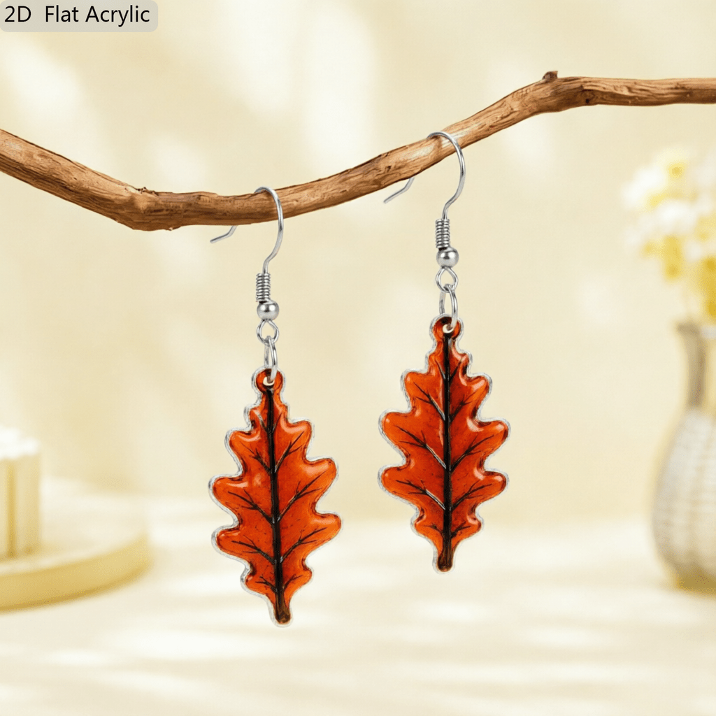 2D Flat Oak Leaf Acrylic Dangle Earrings, Holiday Gift