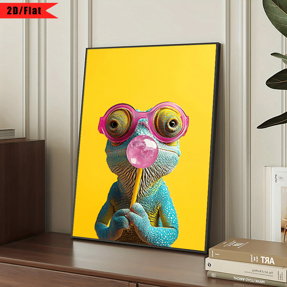 TEMU 2d Flat, 2d/flat, 1pc, Unframed, Abstract And Funny Lizard-blowing Bubble Gum Colored Canvas Decorative Art, Wall Decorative Art Posters, Movie