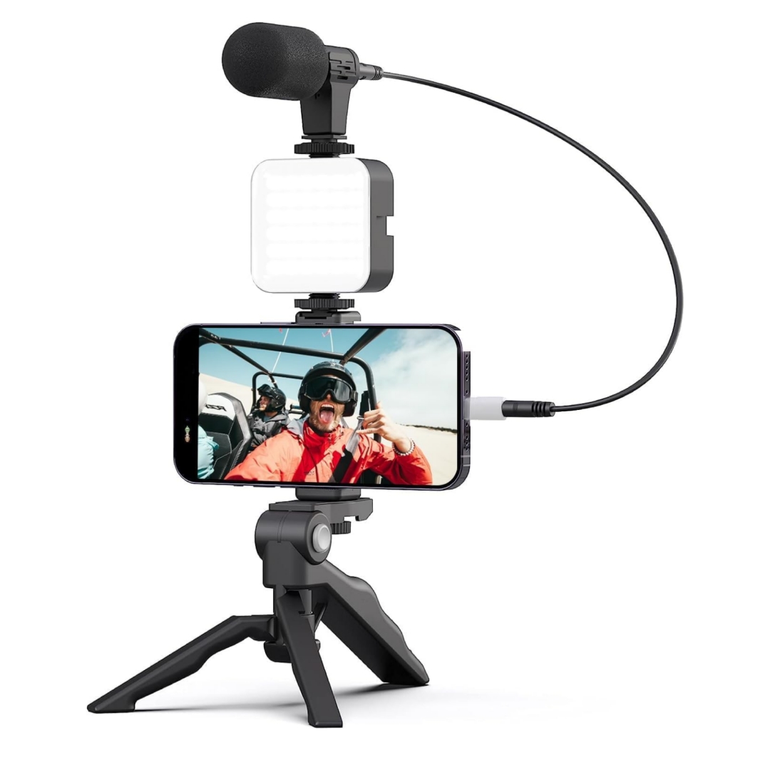 TEMU [faddishdeal] Smartphone Vlog Kit: Mini Led Video Light + Microphone + Wireless Remote Control + Adjustable Phone Clip + Adjustable Tripod -