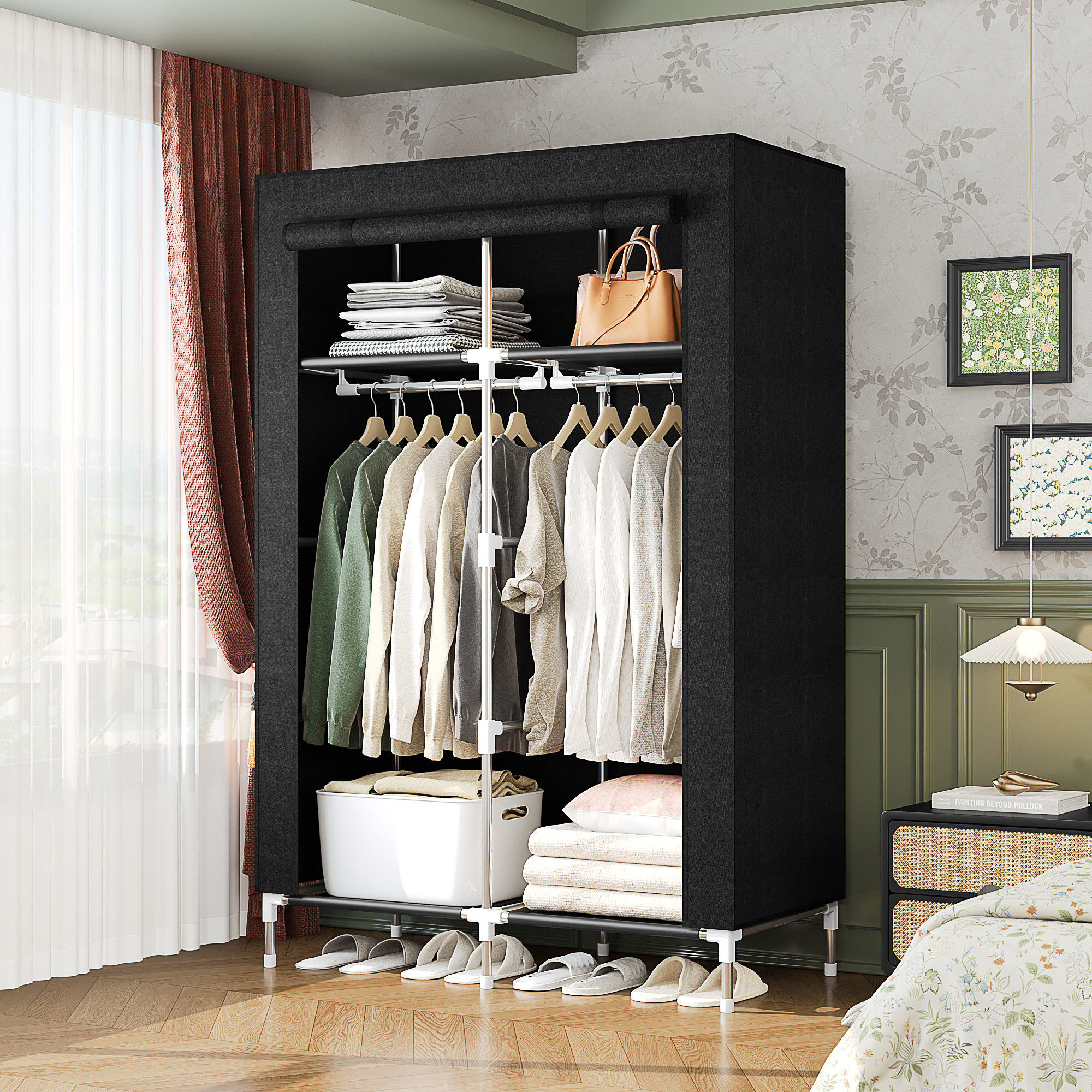 

Portable Closet Organizers, Clothing Storage, With Shelves And Hanging Rod, Non-woven Fabric Cover