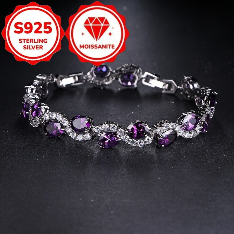 TEMU Un bracelet de chaîne ovale violet de luxe en argent sterling S925, doté d'une qualité artisanale et d'une moissanite éblouissante, parfait pour