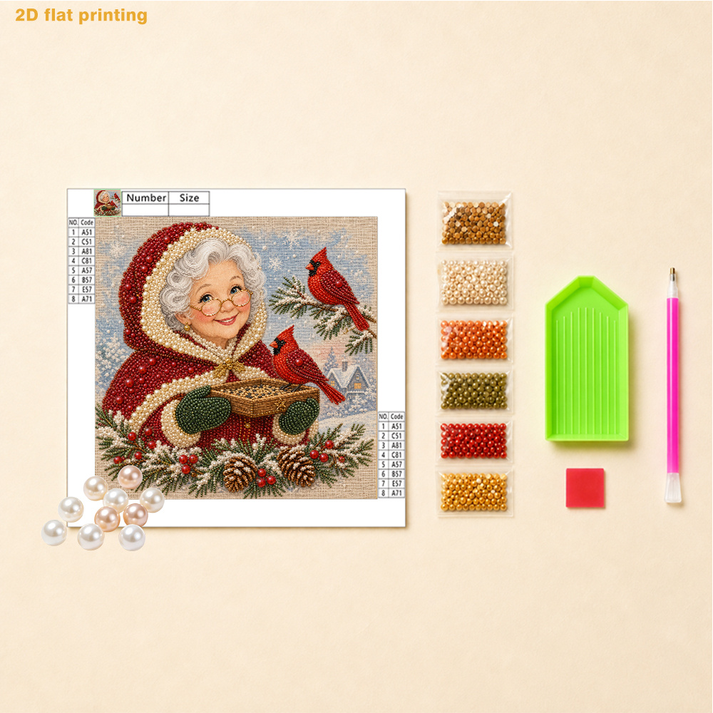 TEMU Pearl Art Painting Kit - Festive Woman Feeding In A Snowy Scene Pattern, Includes Round Pearls, Shiny Gems, Clear Symbols, Complete Tool Set And