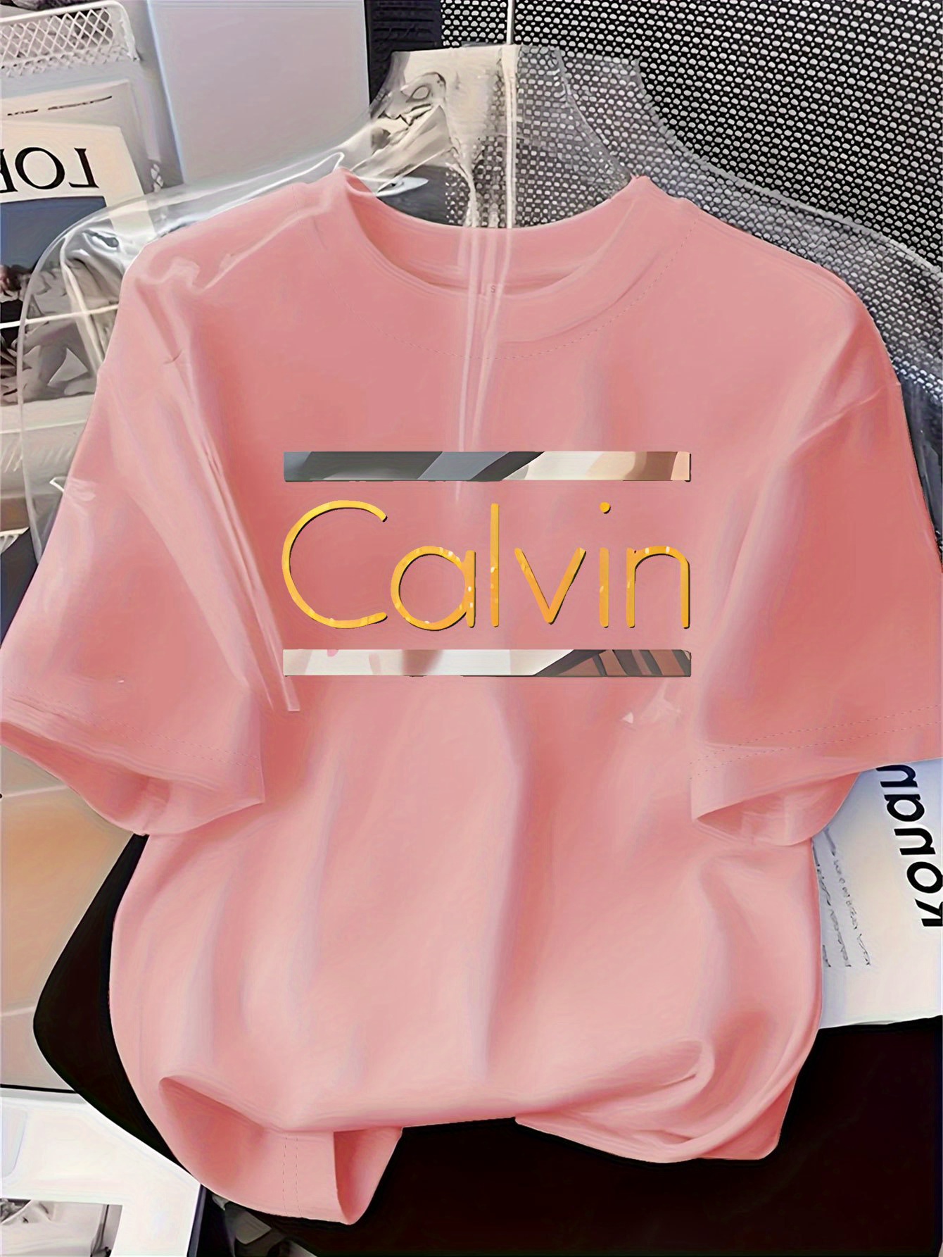 Women's Elegant Round Neck Short-Sleeve T-Shirt - Vibrant Red with White Calvin Monogram Print, Soft Fabric, Casual Versatile Top for Spring & Summer, Machine Washable, Casual Attire, Stylish Letter Print, Comfortable Fit