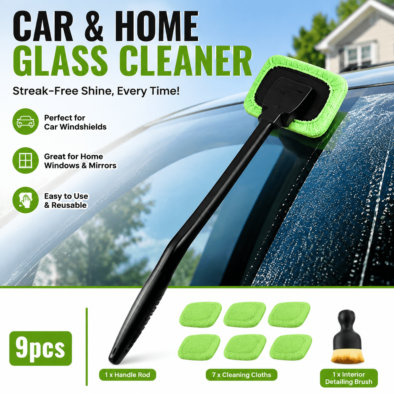 TEMU 9pcs, 1pc Handle Rod And 7pcs Cleaning Cloths And 1pc Interior Detail Brush, Windshield Cleaning Tool, Reusable Cloth Pad, Car Interior Window