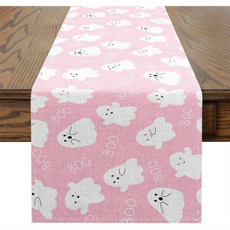 TEMU [3 Sizes Available] Table Runner, 1 Pink And White Table Runner - Happy Halloween Theme, Girl Restaurant Decorations Home Party Table Runner