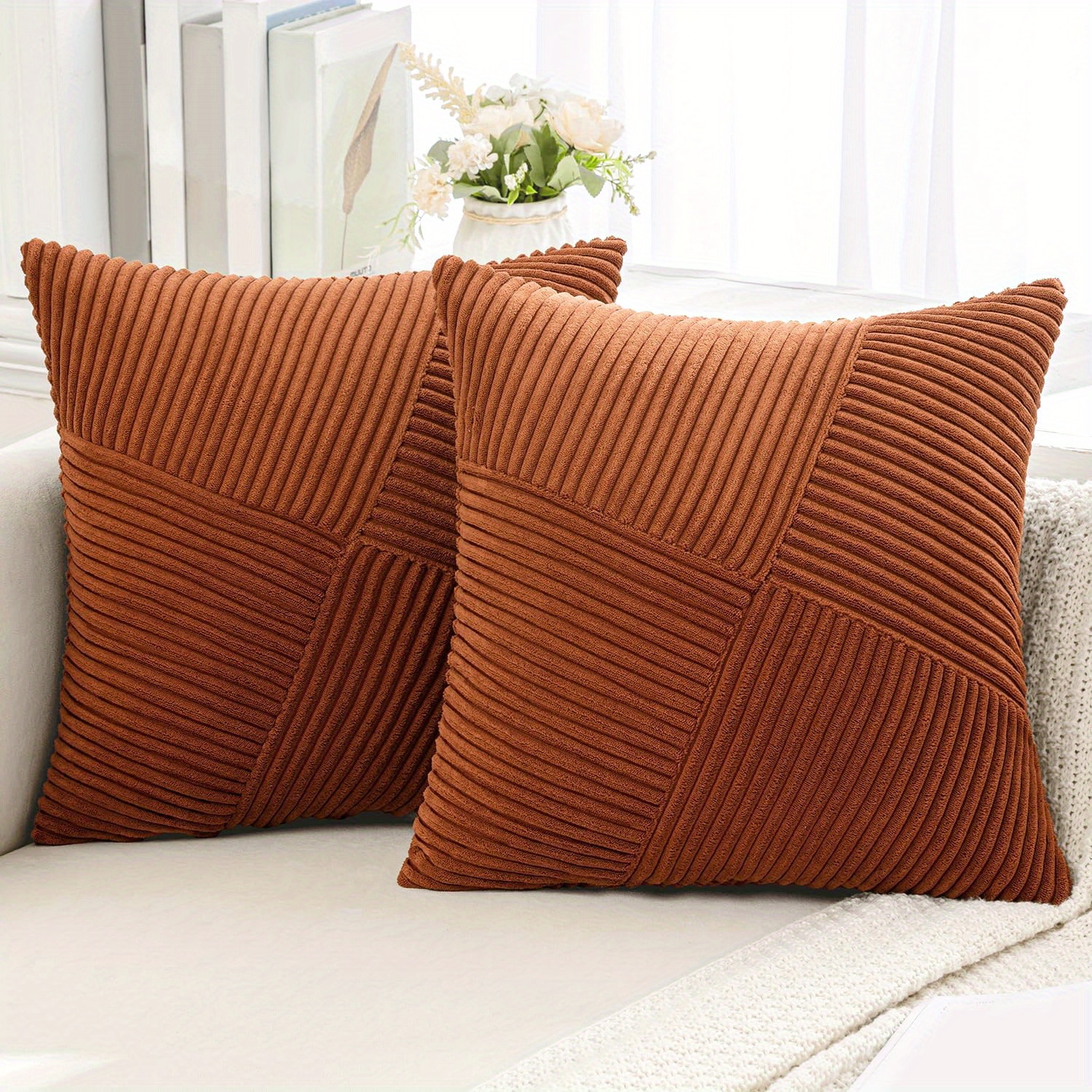 TEMU 2pcs Diagonal Corduroy Pillow Covers - Warm Brown Four-patch Textured Soft Cushion Cases For Sofa, Bedroom Home Decor