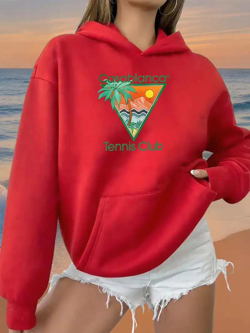 Red Women'S Pastel Pink Hoodie - Casablanca Tennis Club Graphic Sweatshirt