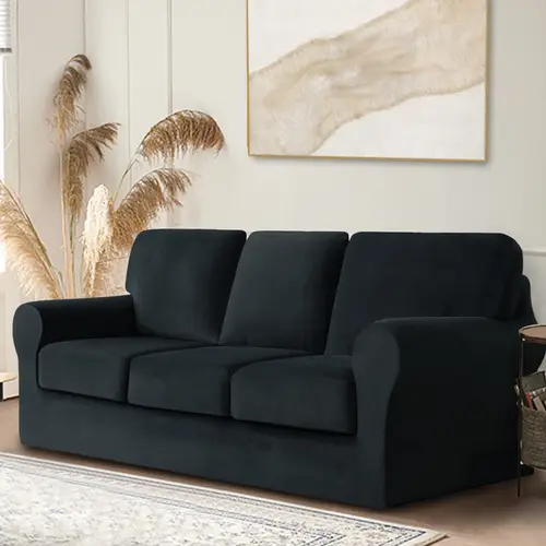 velvet fully wrapped sofa cover set for 3 seater 7pcs stretchable t shaped slipcover furniture protector with adjustable elastic straps complete protection for your couch