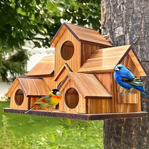 outdoor wooden birdhouse villa style multi layer hanging bird feeder paintable with multiple compartments garden decoration to birds a gift for bird enthusiasts suitable for year round
