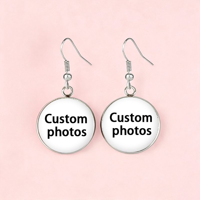 TEMU 2pcs Set Of Round Glass Base Earrings With Custom Photo Content, Featuring Personalized Family, , Friend, Or Couple Photos. A Perfect Gift For