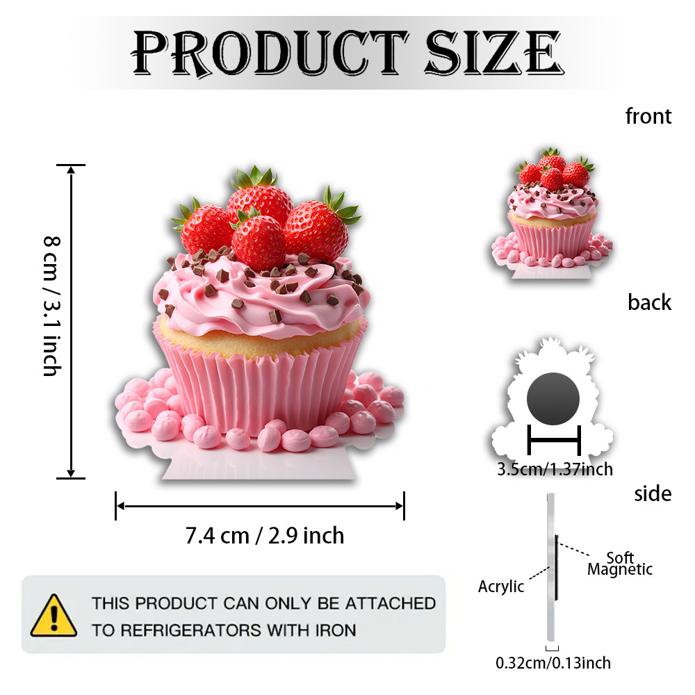 TEMU 1pc Strawberry Cupcake Magnet Suitable For Dessert Lovers, Birthday Decorations, Refrigerator Magnets With Pink Frosting, Strawberries &