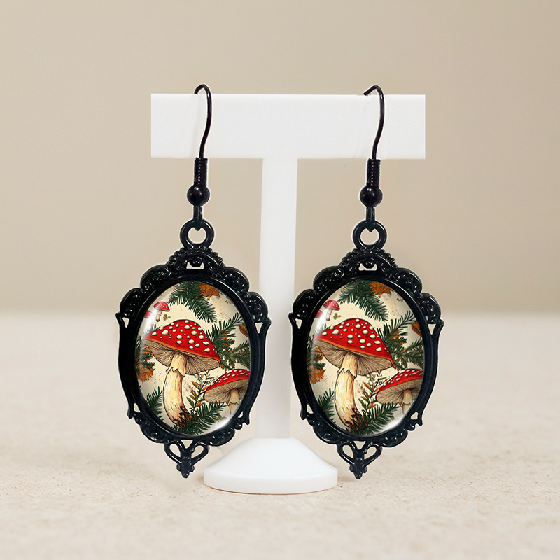 TEMU 1 Paire de Boucles d'Oreilles Pendantes Ovales Illustration Rouge Dentelle Noire, Coupelle en Verre à , Cadeau pour Homme