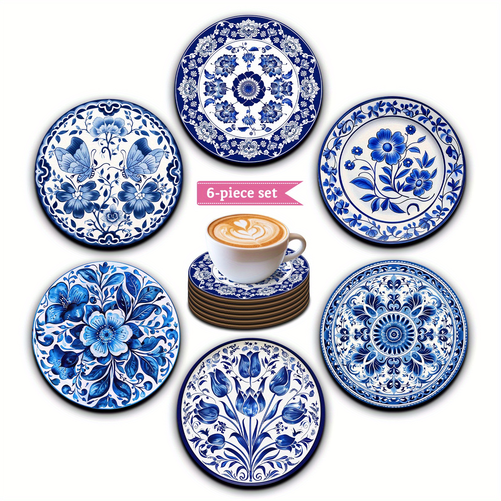 TEMU 6pcs Set Of Classic Printed Round Wooden Coasters, Blue And White Pattern - Suitable For Drinks, Coffee, And Tea - And Restaurant Decoration