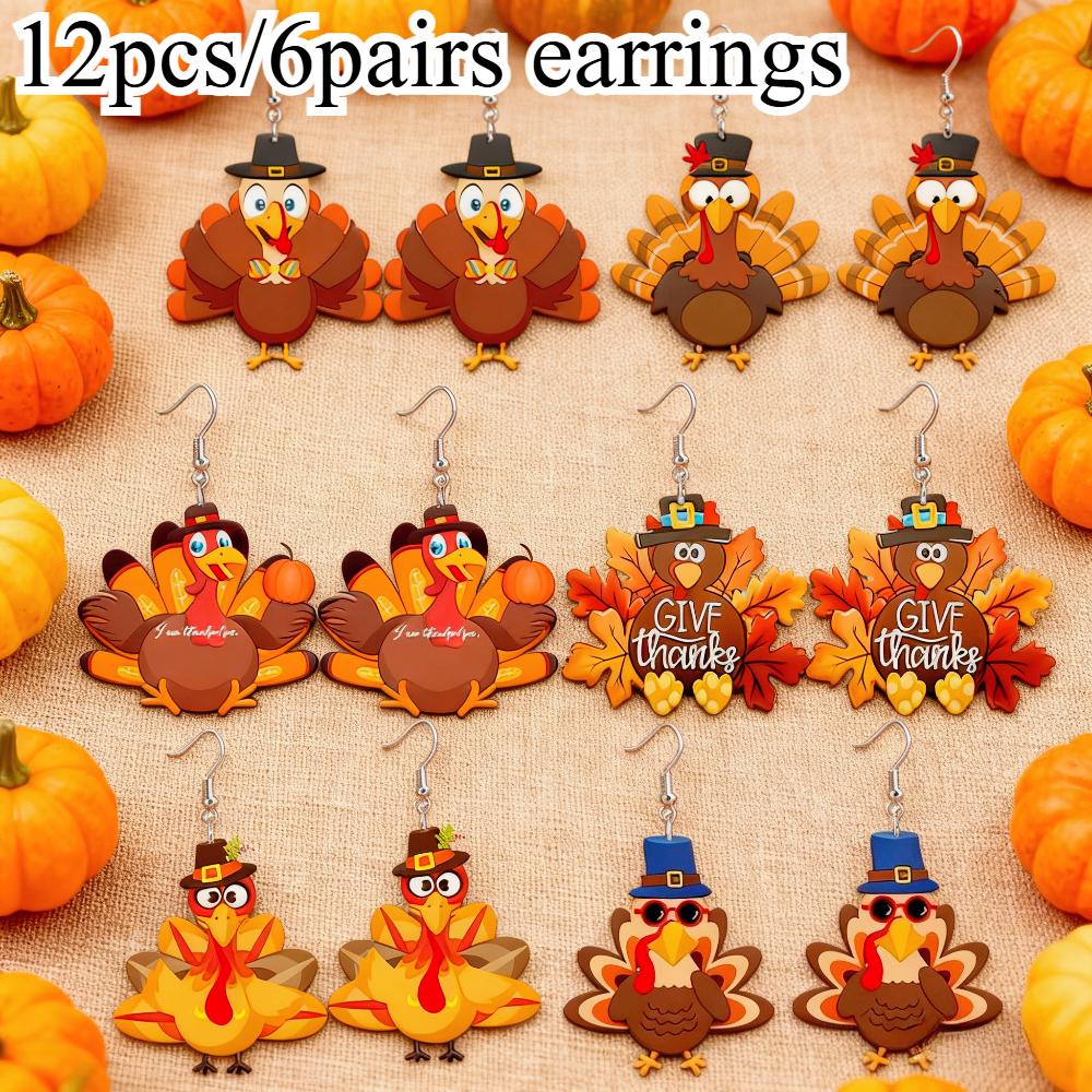 TEMU 2d Flat - This Set Includes 12pcs Women's Earrings, Featuring Thanksgiving Turkey Designs, Made Of Flat Acrylic. Are Perfect For Daily Use And