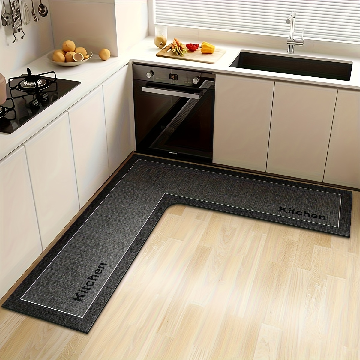 TEMU 1pc Anti-slip Silicone Large Kitchen Mat With "kitchen" Text, Striped And Solid Color, Irregular Shape Suitable For Entrance Passage, Washable