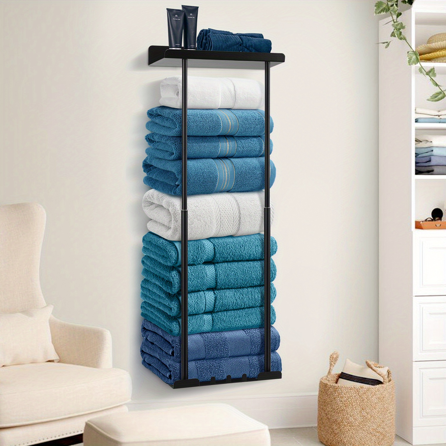 TEMU 1pc Modern Stainless Steel Wall-mounted Towel Rack – Space-saving Bathroom Organizer With Multiple Shelves, For Towels And Accessories, Hatisan