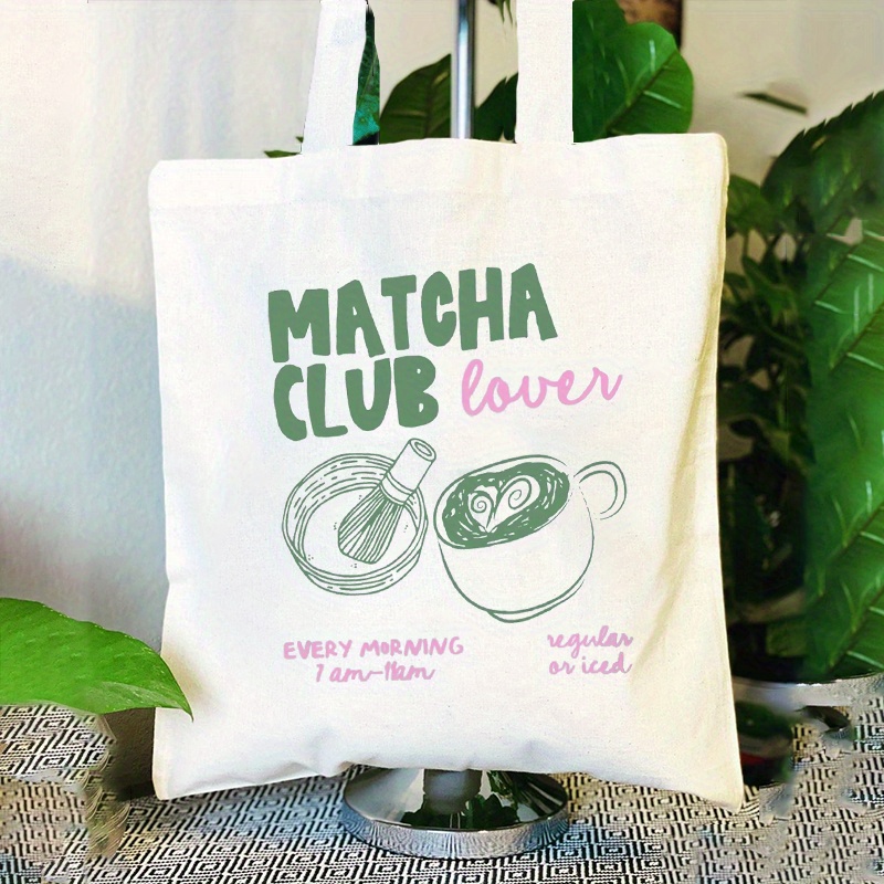 Women's Matcha-themed Tote Bag Suitable For Fans - Spacious Casual Handbag With Slogan Print, Machine Washable Bag For Gym, Travel, &