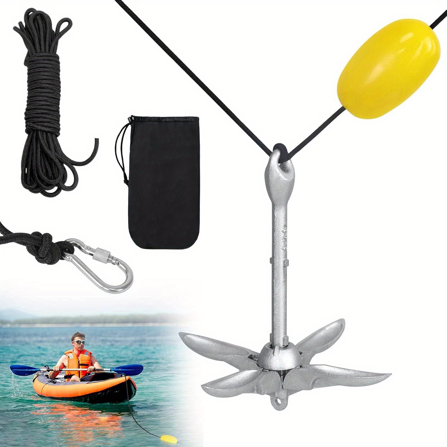 TEMU Boat Anchor, Foldable Anchor Set Including Anchor Buoy, With Carabiner, Transport Bag, Anchor For Boat, Kayak, Canoe