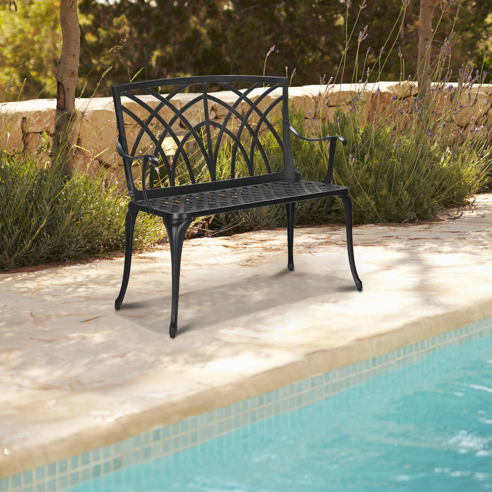 Extra Wide 38 Inch Outdoor Bench Orchid Curve Back Ergonomic Design Patio Villa Aluminum Bench Aviation Aluminum Anti Rust Anti Slip Anti Side Tip Garden Deck Porch Chairs